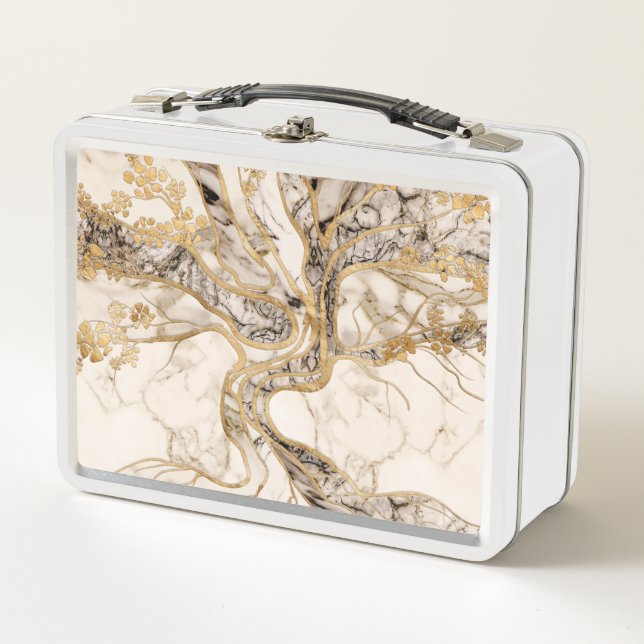 White Marble Tree of Life Abstract Metal Lunch Box (Front)