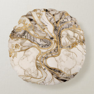 White Marble Tree of Life Abstract Round Cushion
