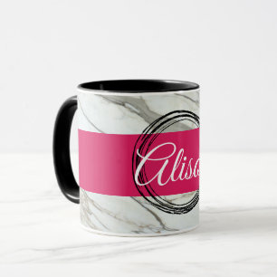 White marble, trendy fuchsia personalised name mug