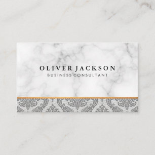 White Marble White Leather Damask Trim Business Card