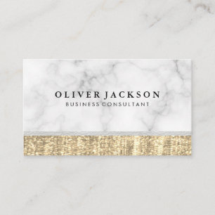 White Marble White Leather Gold Sequin Business Card