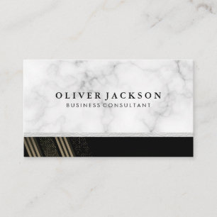 White Marble White Leather Gold Sequin Striped Business Card