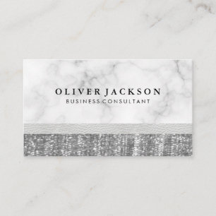 White Marble White Leather Silver Sequin Business Card