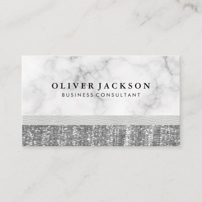White Marble White Leather Silver Sequin Business Card (Front)