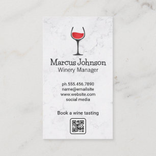 White Marble Wine Glass Logo Tasting QR code Business Card