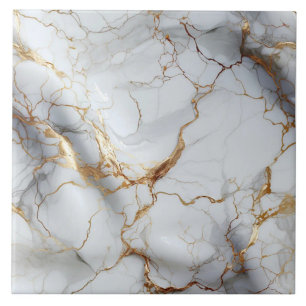 White Marble with Branching Gold Veins Tile