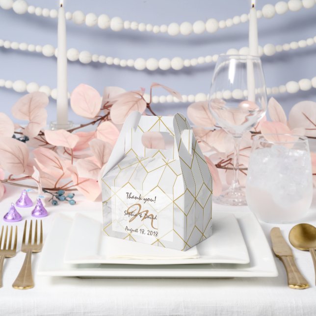 White Marble with Gold Cube Pattern + Monogram Favour Box (Wedding)