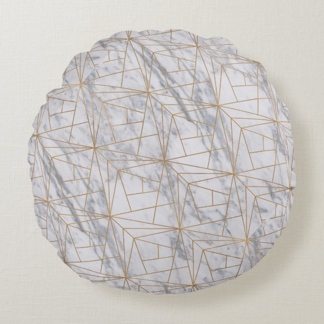 white marble with gold geometric inlay texture round cushion (Front)