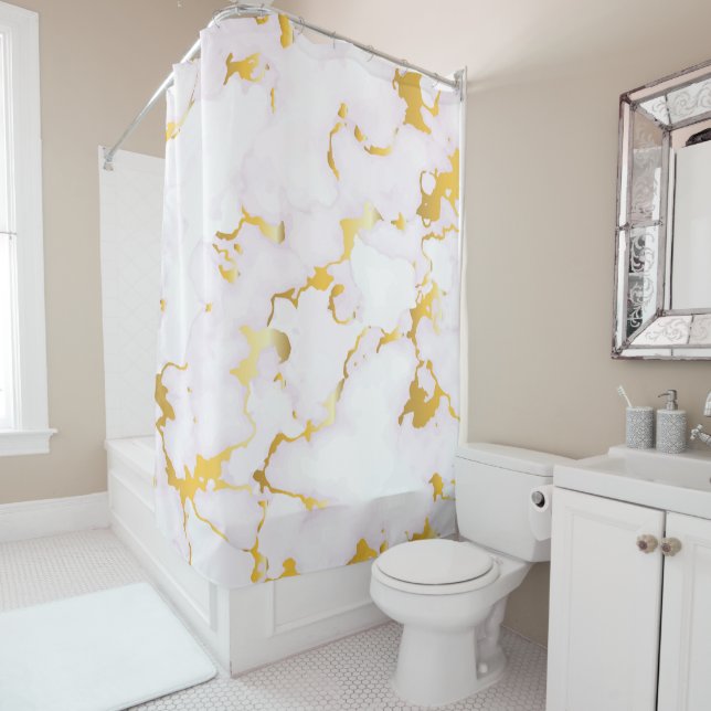 White Marble With Gold Shower Curtain (In Situ)