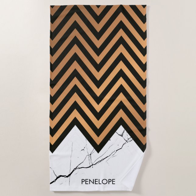 White Marble With Golden Chevrons Beach Towel (Front)