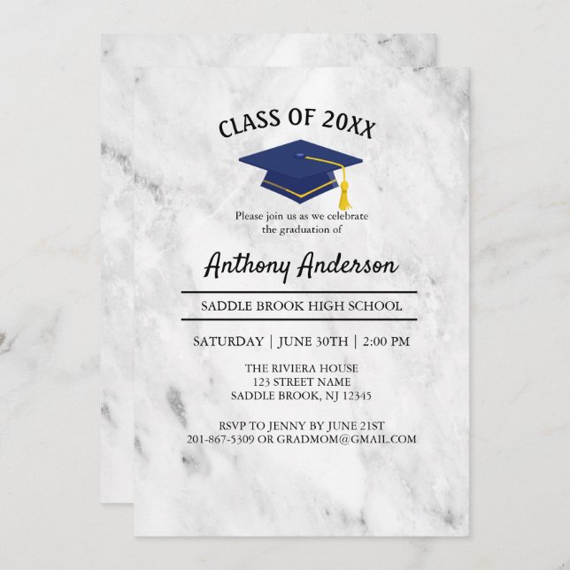 White Marble With Navy Blue Grad Cap Graduation Invitation (Front/Back)
