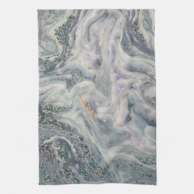 White Marble with Pearl, purple and gold kitchen Tea Towel (Vertical)