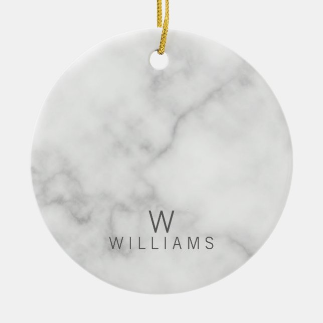 White Marble with Personalised Monogram and Name Ceramic Tree Decoration (Front)