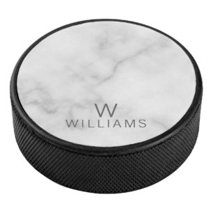 White Marble with Personalised Monogram and Name Hockey Puck