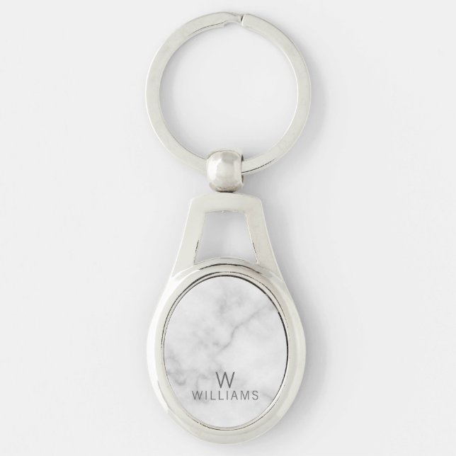 White Marble with Personalised Monogram and Name Key Ring (Front)