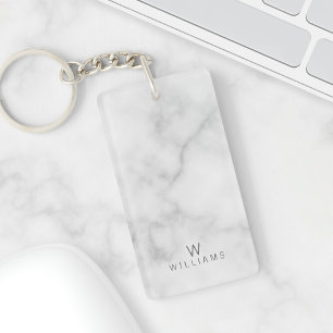 White Marble with Personalised Monogram and Name Key Ring