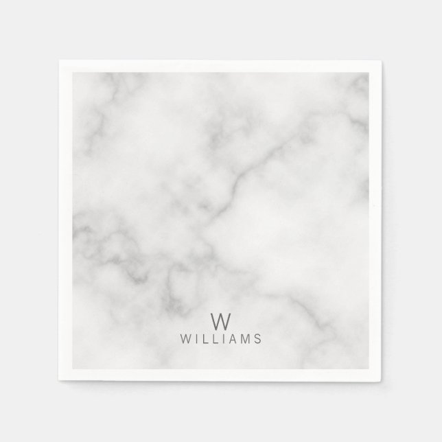 White Marble with Personalised Monogram and Name Napkin (Front)