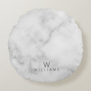 White Marble with Personalised Monogram and Name Round Cushion