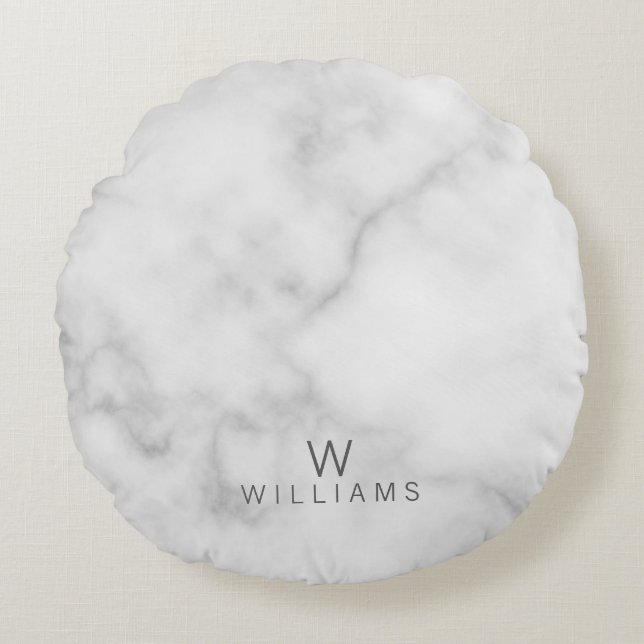 White Marble with Personalised Monogram and Name Round Cushion (Front)