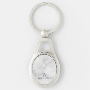 White Marble with Personalized Monogram and Name Key Ring