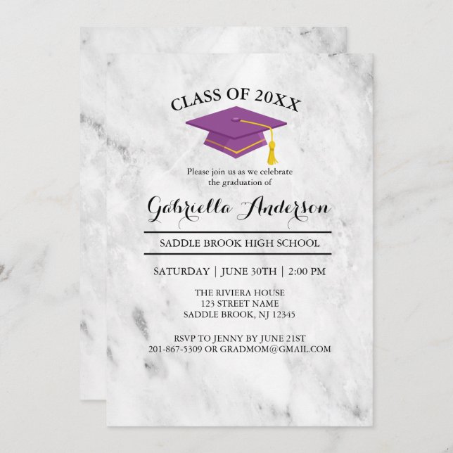 White Marble With Purple Grad Cap Graduation Invitation (Front/Back)