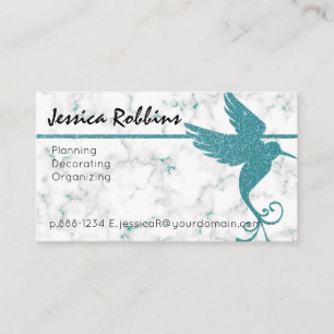White Marble with Teal Glitter Hummingbird Elegant Business Card