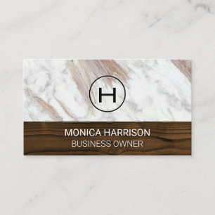 White Marble Wood Trim Monogram Business Card