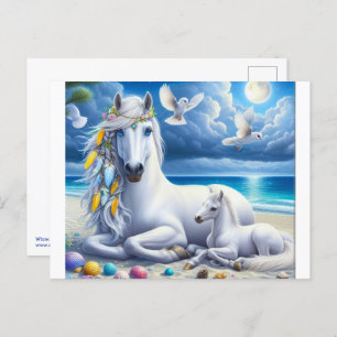White mare and foal under the Moon Postcard