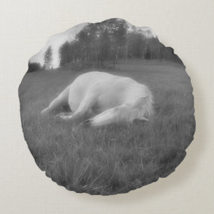 White Mare Resting in Field on a Horse Ranch Round Cushion