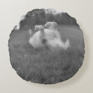White Mare Rolling in Grass on a Horse Ranch Round Cushion