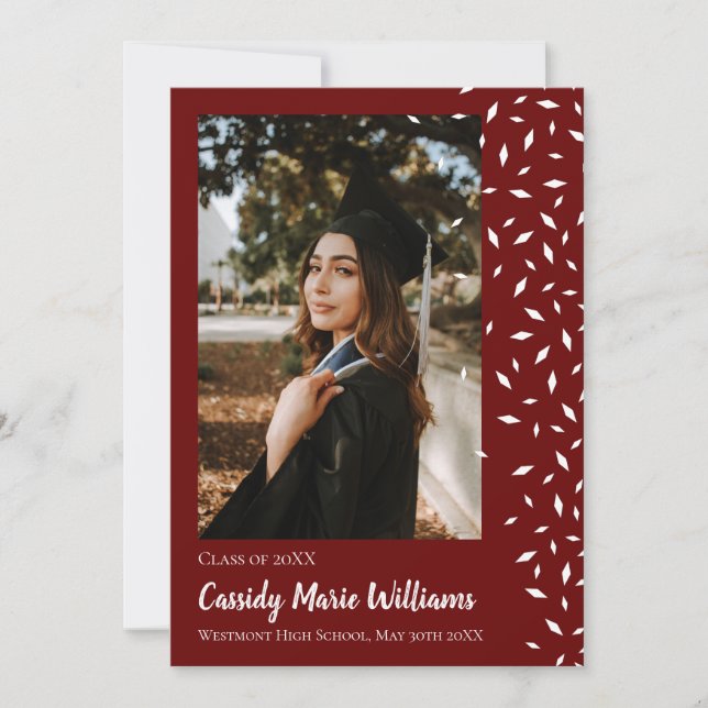 White Maroon Confetti Graduation Announcement (Front)