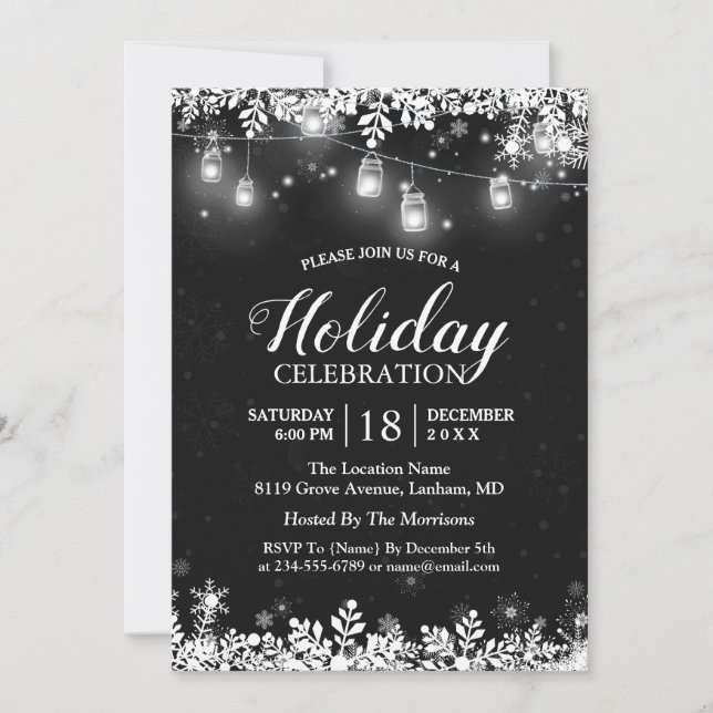 White Mason Jar Lights Snowflakes Christmas Party Invitation (Front)