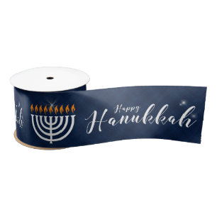 White Menorah with Blue and Modern Hanukkah Satin Ribbon