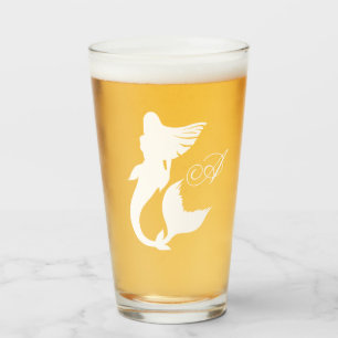 White Mermaid Silhouette & Monogram Script Glass