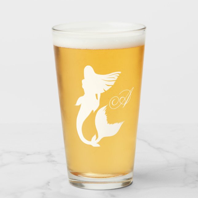 White Mermaid Silhouette & Monogram Script Glass (Front Filled)