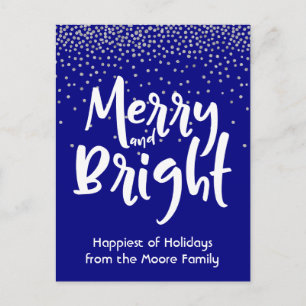 White Merry and Bright over Navy & Silver Confetti Holiday Postcard