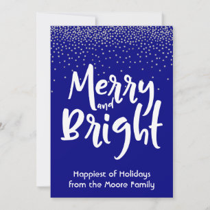 White Merry and Bright w/ Navy & Silver Confetti Holiday Card
