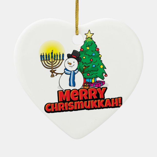 White Merry Chrismukkah with Snowman and Menorah Ceramic Tree Decoration (Back)