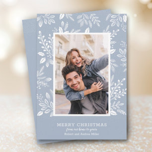 White Merry Christmas Dusty Blue Photo Holiday Card