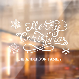 White Merry Christmas handwritten text snowflakes 