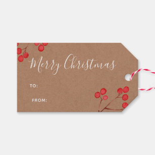 White “Merry Christmas” Kraft paper and Berries  Gift Tags