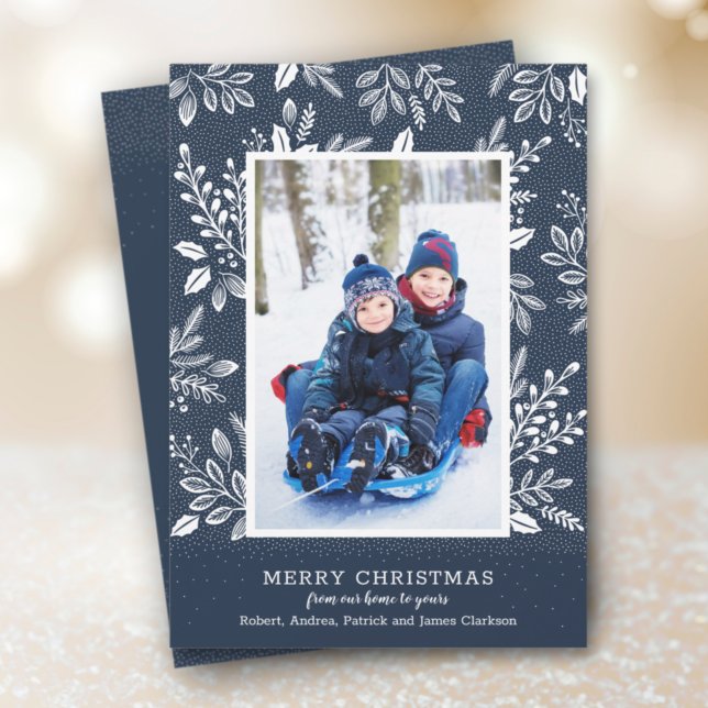 White Merry Christmas Navy Blue Photo Holiday Card (Creator Uploaded)
