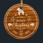 White Merry Christmas Ornament Mahogany Wood<br><div class="desc">White Christmas circle ornament with Christmas pony,  peace birds,  snowflakes,  and botanical branches on a mahogany wood texture.</div>