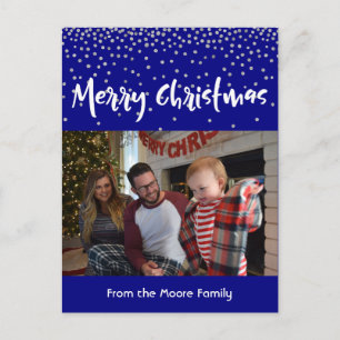 White Merry Christmas over Navy & Silver Confetti Holiday Postcard