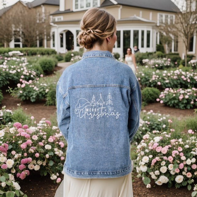 White Merry Christmas typography and symbols Denim Jacket (Wedding Back)