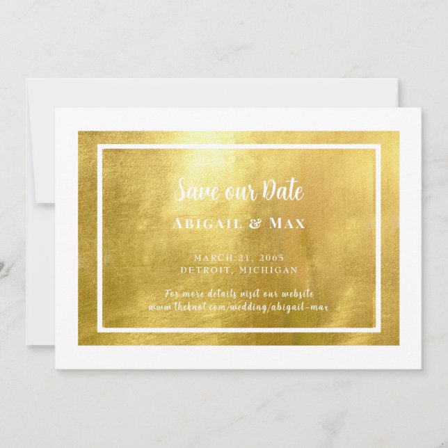 White & Metallic Gold Glam Save The Date (Front)