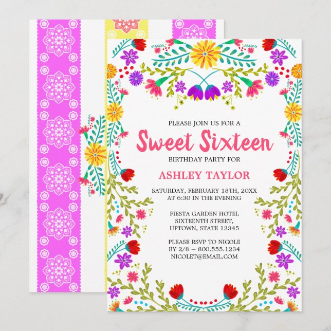White Mexican Fiesta Folk Art Floral Sweet Sixteen Invitation (Front/Back)