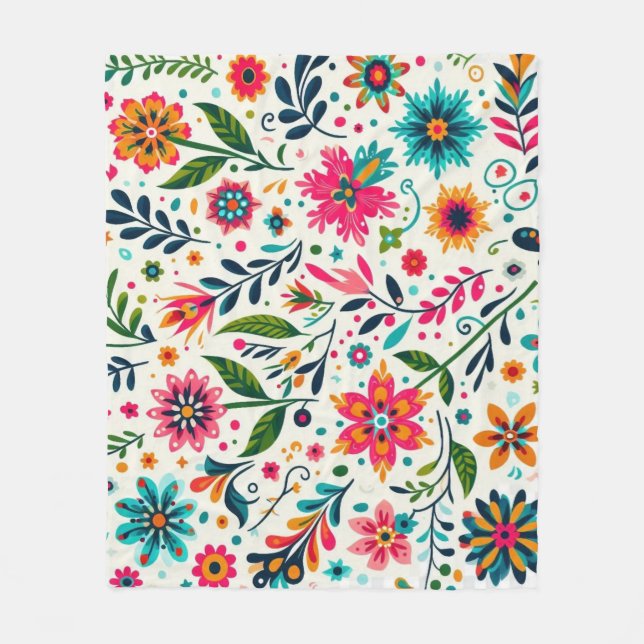 White mexican flowers fleece blanket (Front)