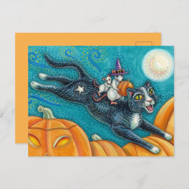 WHITE MICE & BLACK CAT ON HALLOWEEN SCAVENGER HUNT POSTCARD (Front/Back)