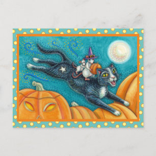 WHITE MICE & BLACK CAT ON HALLOWEEN SCAVENGER HUNT POSTCARD